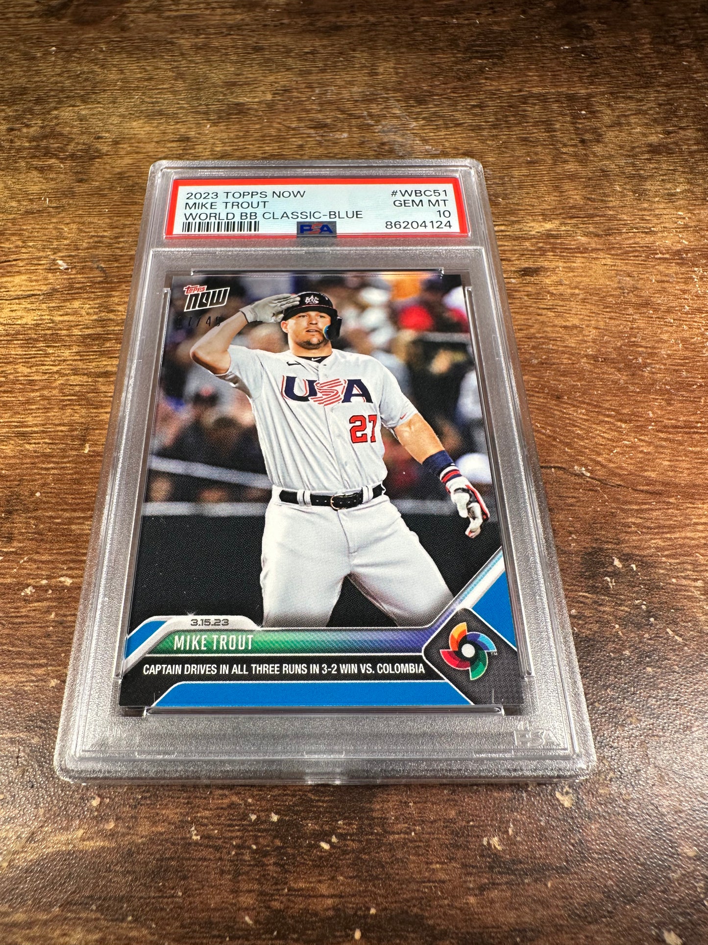 2023 Topps Now WBC 51 - Mike Trout Blue 17/49 PSA 10 - Shotime Cards