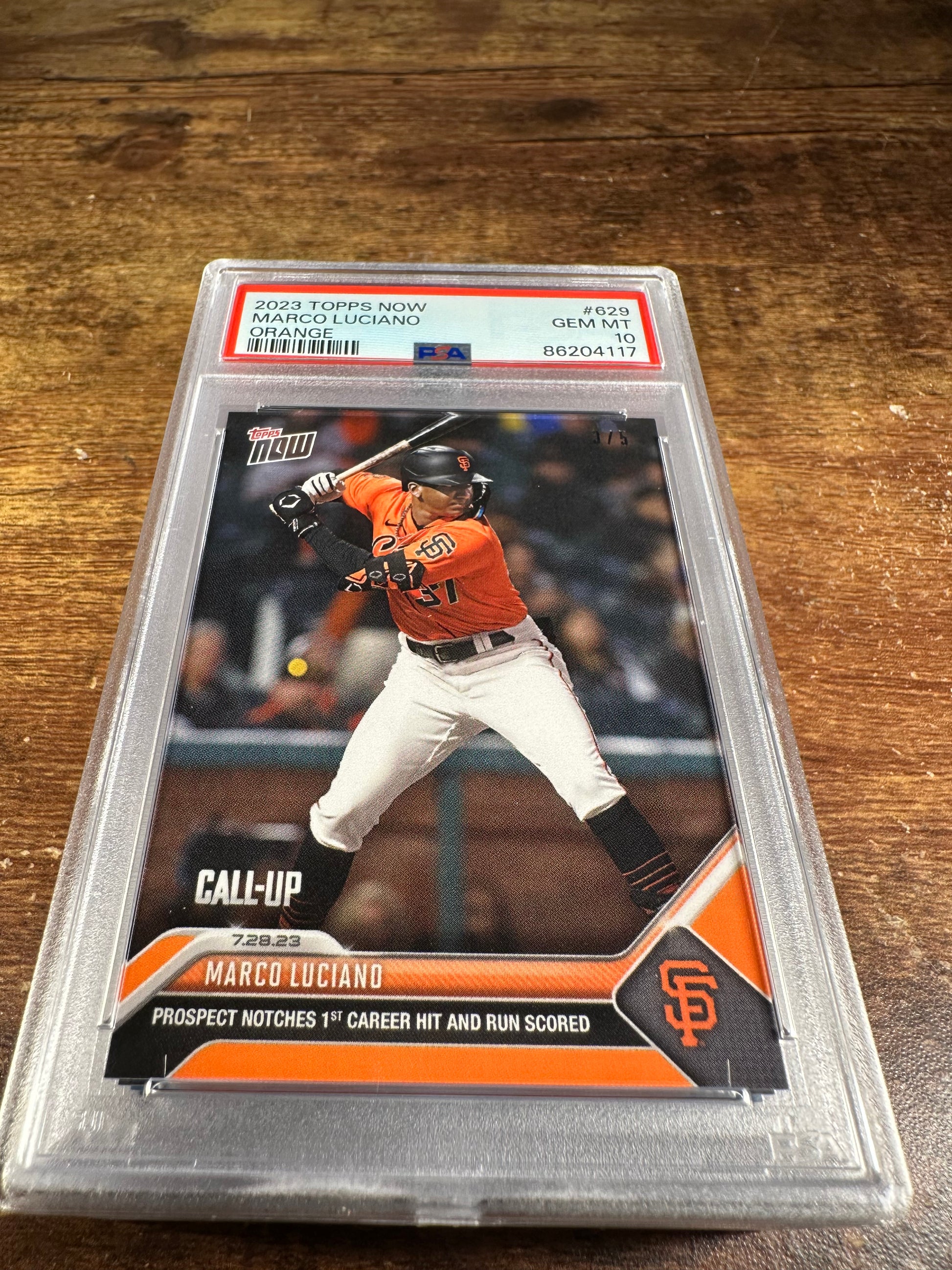 2023 Topps Now 629 - Marco Luciano Call-Up Orange 3/5 PSA 10 - Shotime Cards