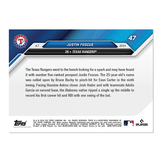 2024 TOPPS NOW Card 0047 47 - Justin Foscue - Shotime Cards