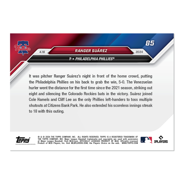 2024 MLB TOPPS NOW Card 0085 85 - Ranger Suarez