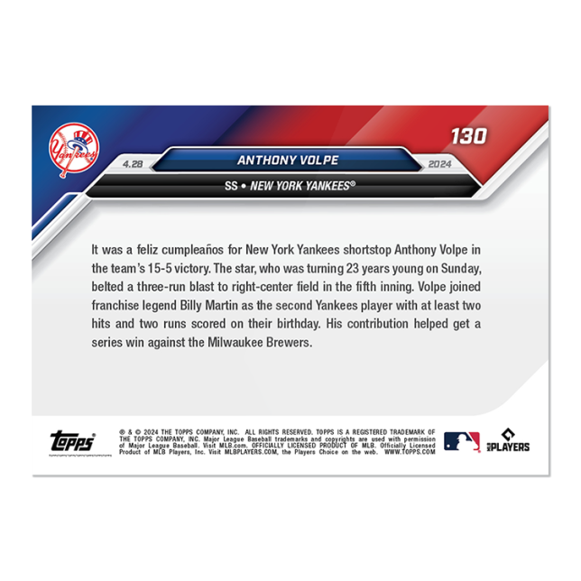 2024 MLB TOPPS NOW Card 0130 130 - Anthony Volpe